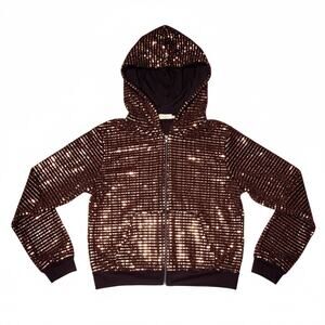 Blumin Apparel Gold Sequin Jacket LG Zip Hoodie Bronze Black Cuffs Holiday Bling